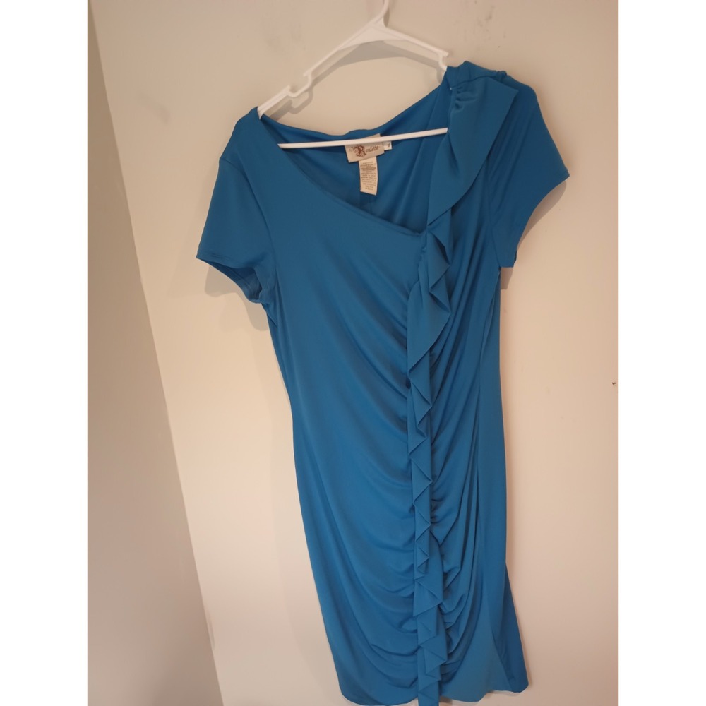 Roulette Womens XL Blue Dress Ruffle Front Ruched Short Sleeve Knee Length...